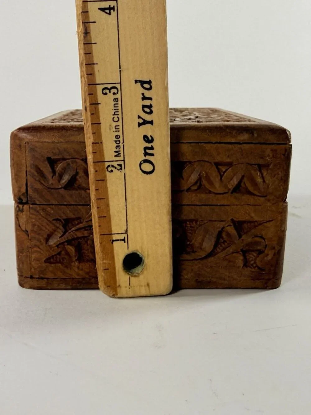Vintage Hand Carved Wood Jewelry Box Inlaid Floral Design Velvet Lined India